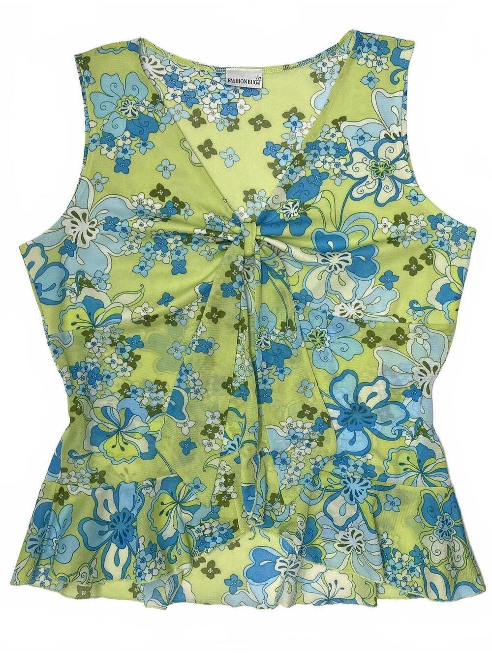Y2K Fashion Bug Green Blue Floral Print Asymmetrical Sleeveless Blouse Sz L/ XL